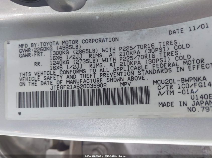 2002 Toyota Highlander V6 VIN: JTEGF21A620035902 Lot: 43462869