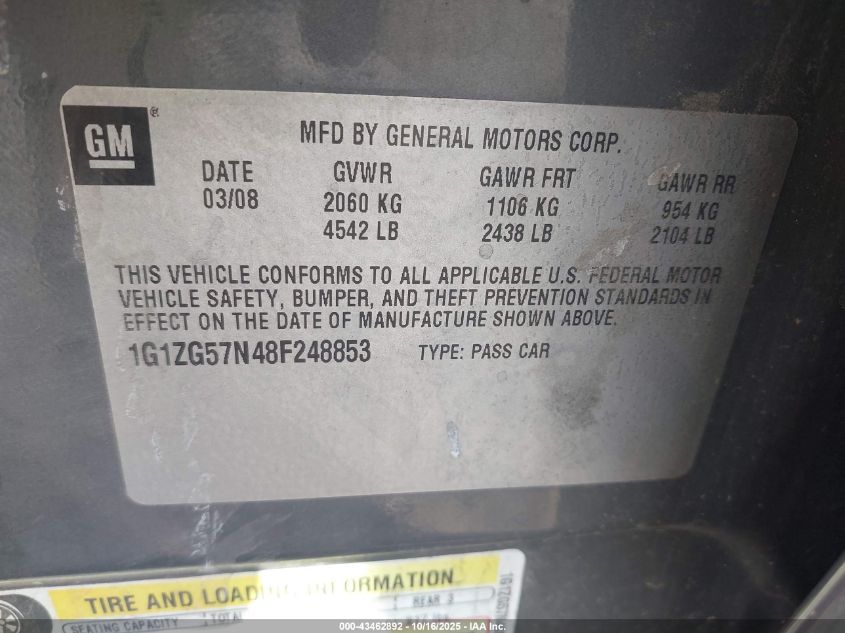 2008 Chevrolet Malibu Ls VIN: 1G1ZG57N48F248853 Lot: 43462892