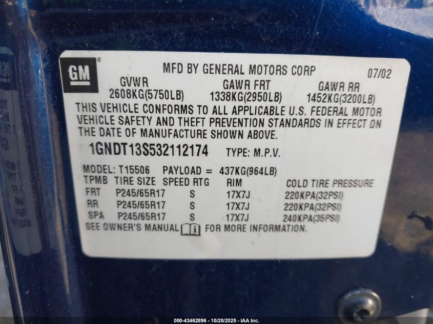 2003 Chevrolet Trailblazer VIN: 1GNDT13S532112174 Lot: 43462896