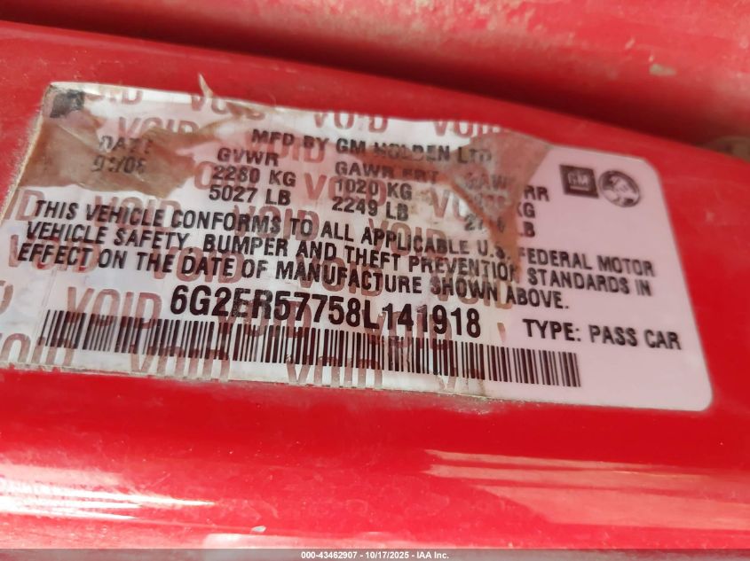 2008 Pontiac G8 VIN: 6G2ER57758L141918 Lot: 43462907