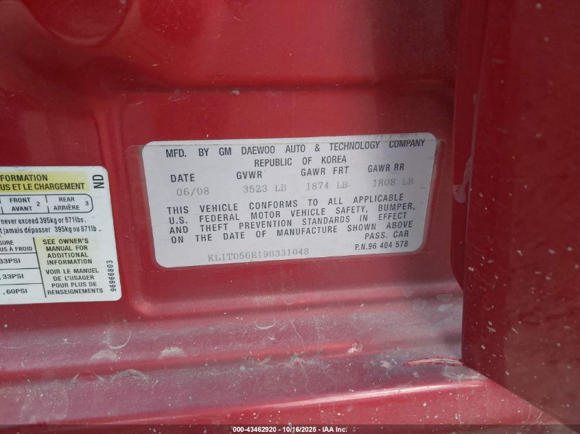 2009 Chevrolet Aveo Lt VIN: KL1TD56E19B331048 Lot: 43462920