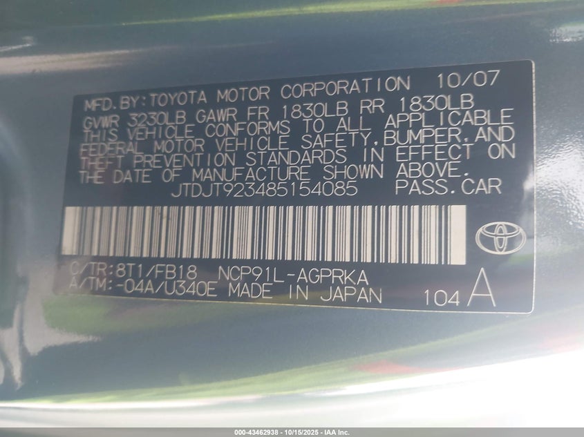 JTDJT923485154085 2008 TOYOTA YARIS photo no. 9