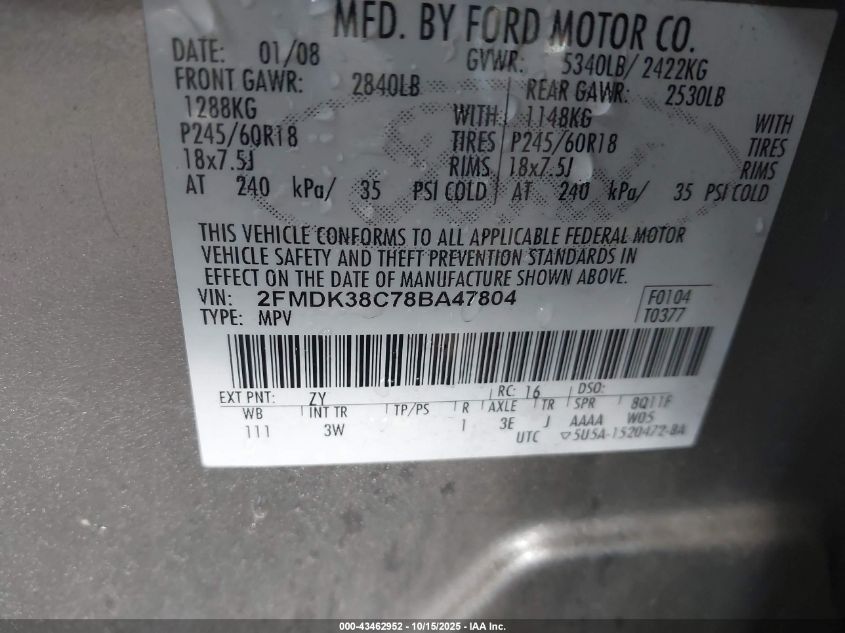 2008 Ford Edge Sel VIN: 2FMDK38C78BA47804 Lot: 43462952