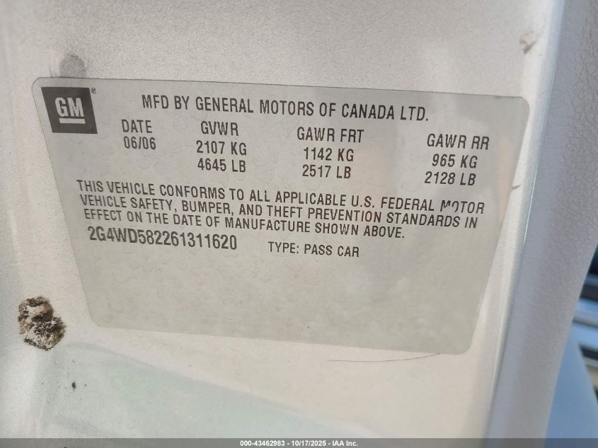 2006 Buick Lacrosse Cxl VIN: 2G4WD582261311620 Lot: 43462983