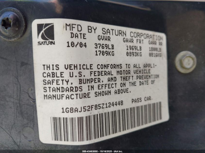 2005 Saturn Ion 2 VIN: 1G8AJ52F85Z124448 Lot: 43463000