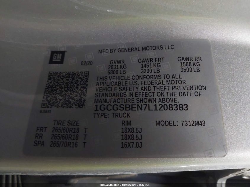 2020 Chevrolet Colorado 2Wd Short Box Wt VIN: 1GCGSBEN7L1208383 Lot: 43463033
