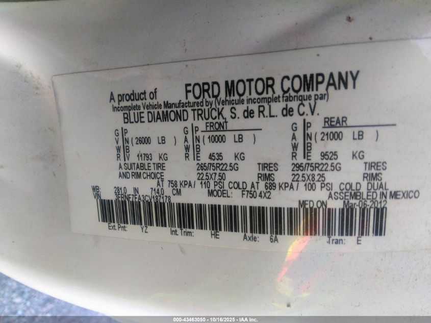2012 Ford F-750 Xl/Xlt VIN: 3FRNF7FA3CV187178 Lot: 43463050