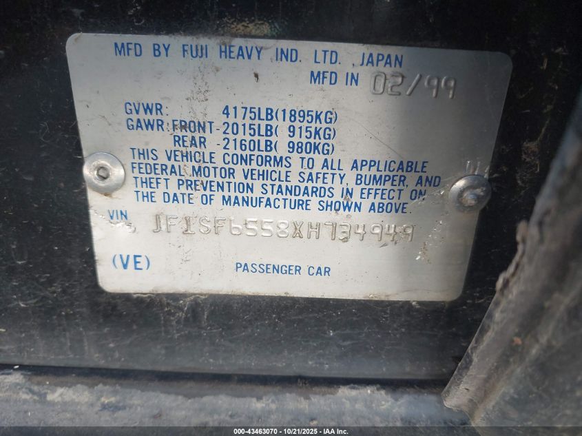 1999 Subaru Forester S VIN: JF1SF6558XH734949 Lot: 43463070