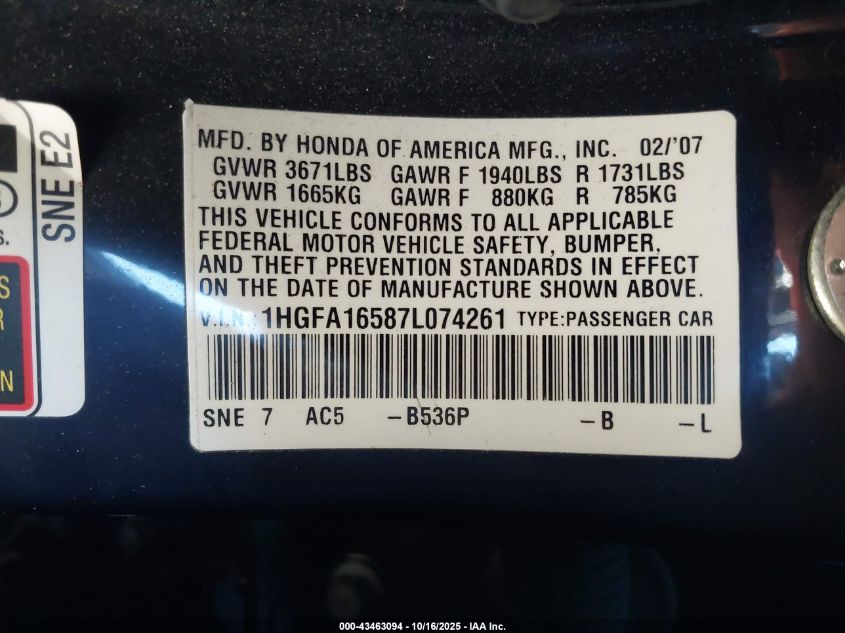 2007 Honda Civic Lx VIN: 1HGFA16587L074261 Lot: 43463094