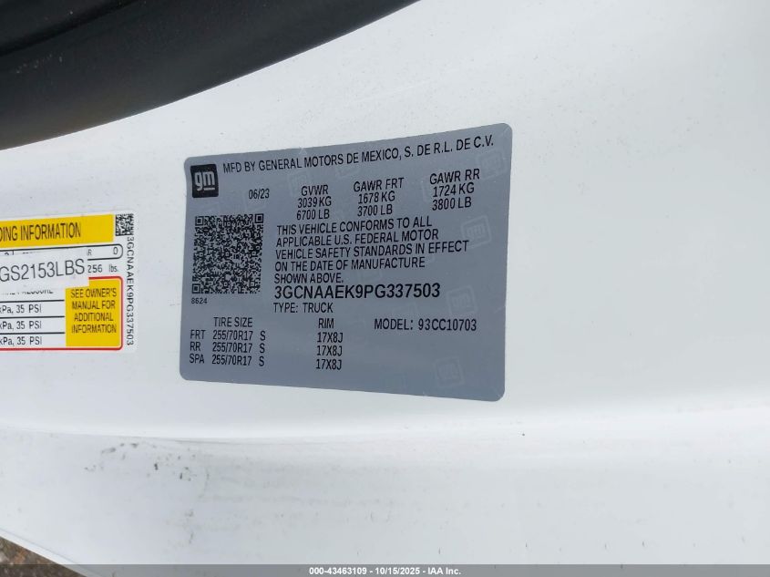 2023 Chevrolet Silverado 1500 2Wd Standard Bed Wt VIN: 3GCNAAEK9PG337503 Lot: 43463109