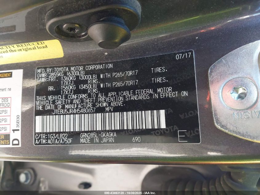 2017 Toyota 4Runner Sr5 Premium VIN: JTEBU5JR4H5480657 Lot: 43463128