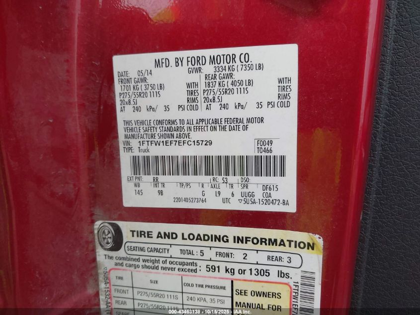 2014 Ford F-150 Platinum VIN: 1FTFW1EF7EFC15729 Lot: 43463138