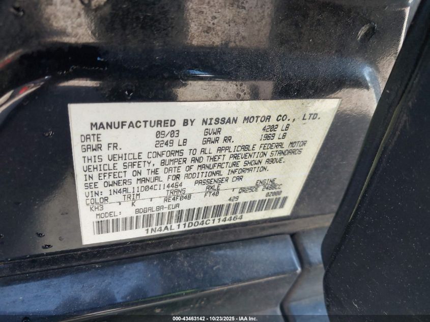 2004 Nissan Altima 2.5 S VIN: 1N4AL11D04C114464 Lot: 43463142