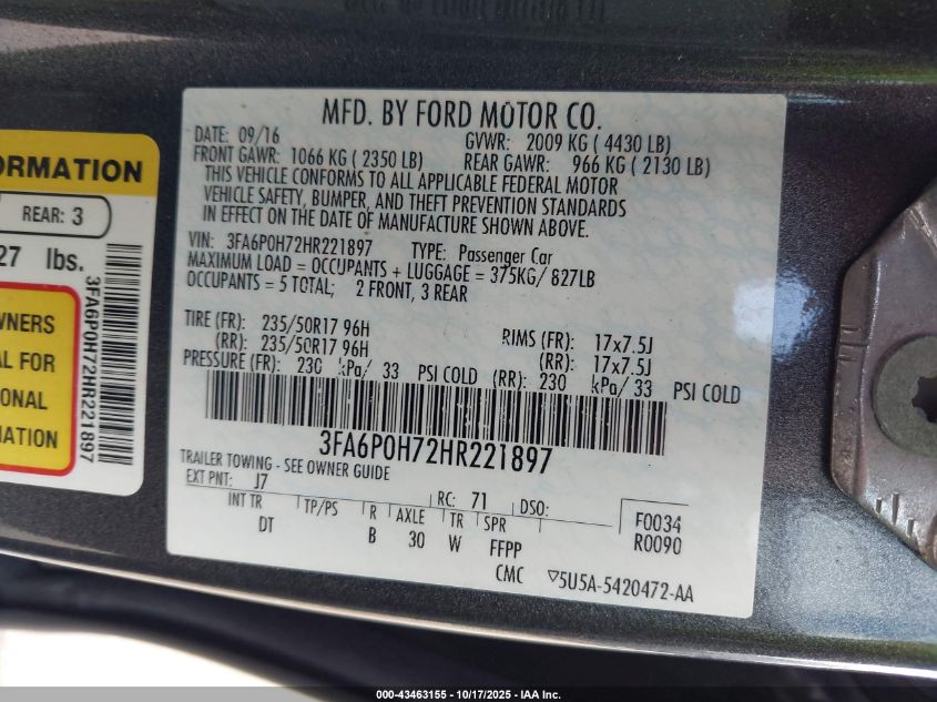 2017 Ford Fusion Se VIN: 3FA6P0H72HR221897 Lot: 43463155