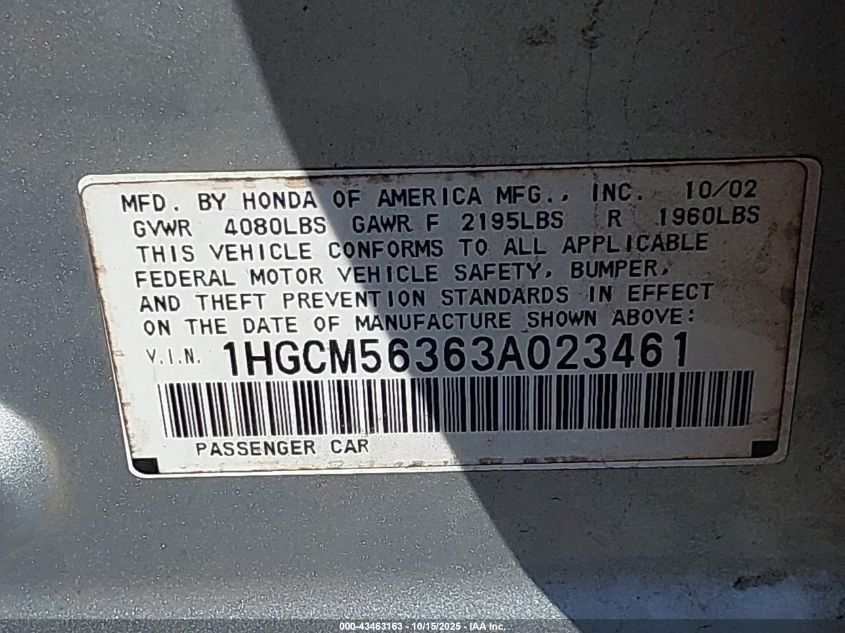 2003 Honda Accord 2.4 Lx VIN: 1HGCM56363A023461 Lot: 43463163