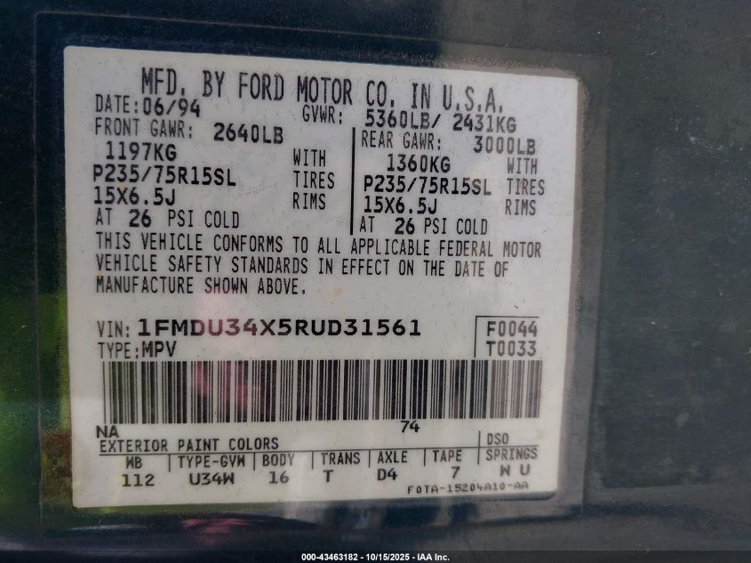 1994 Ford Explorer VIN: 1FMDU34X5RUD31561 Lot: 43463182