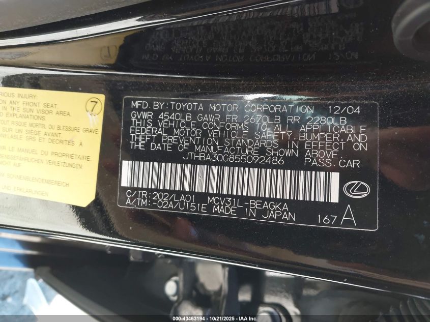 2005 Lexus Es 330 VIN: JTHBA30G855092486 Lot: 43463194