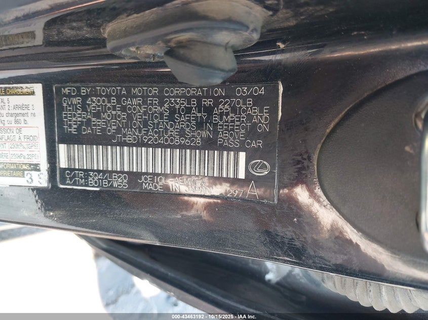 2004 Lexus Is 300 Base W/5-Speed Manual VIN: JTHBD192040089628 Lot: 43463192