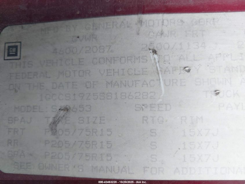 1995 Chevrolet S-10 VIN: 1GCCS19Z5S818628 Lot: 43463228