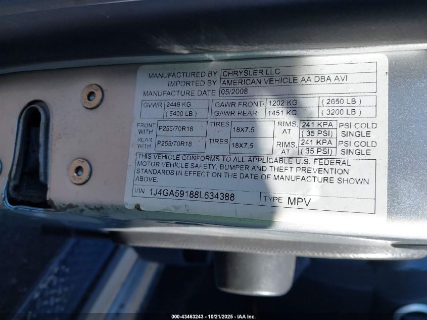 2008 Jeep Wrangler Unlimited Sahara VIN: 1J4GA59188L634388 Lot: 43463243