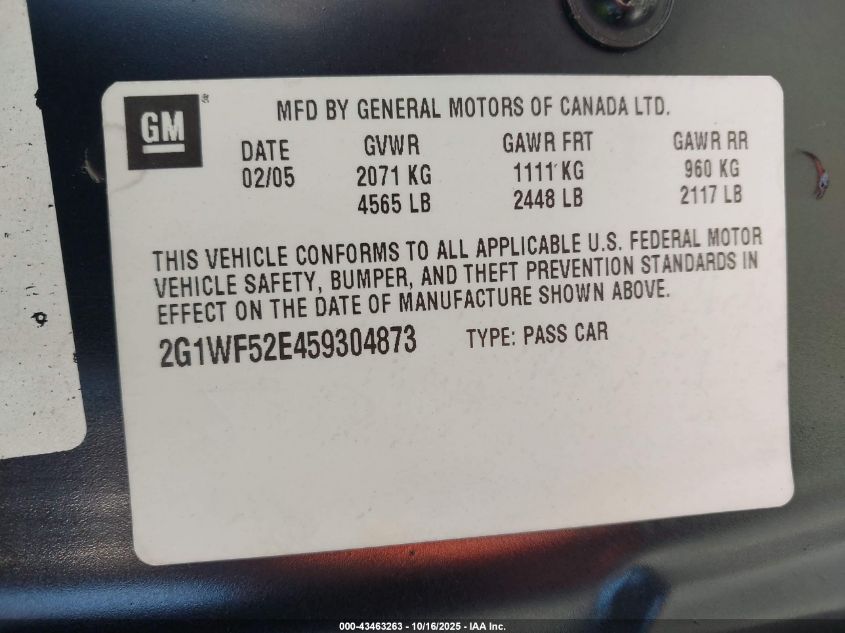 2005 Chevrolet Impala VIN: 2G1WF52E459304873 Lot: 43463263