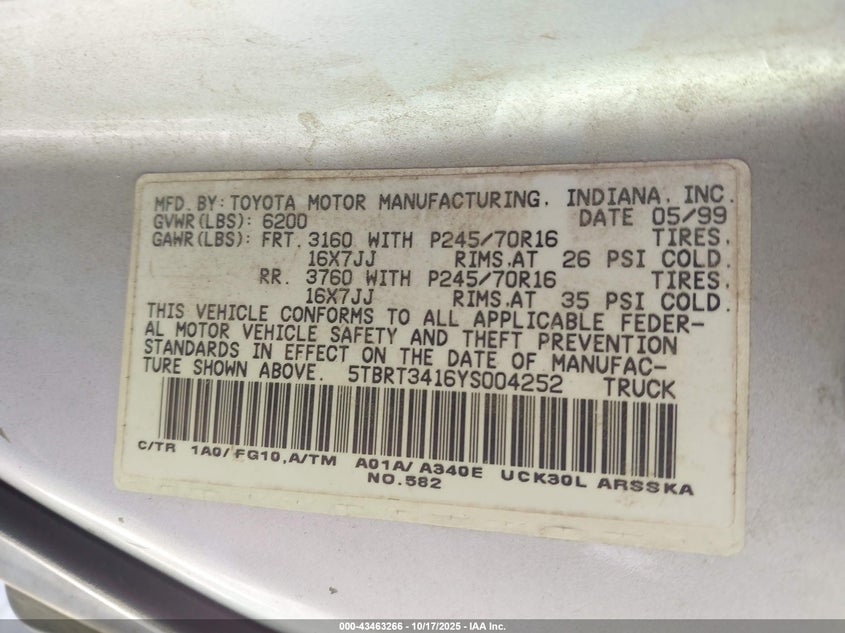 5TBRT3416YS004252 2000 TOYOTA TUNDRA photo no. 9