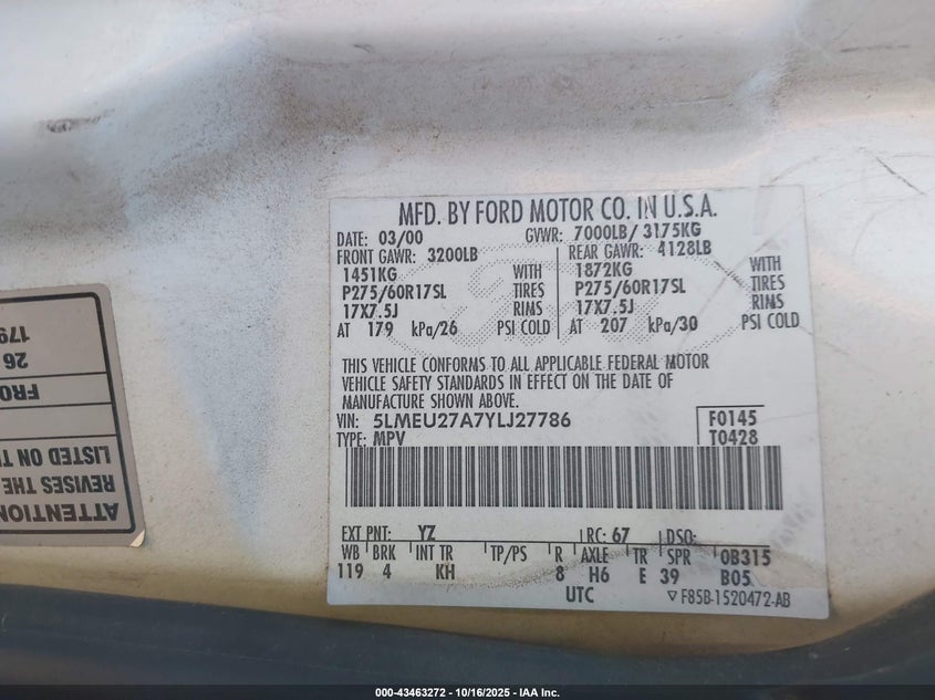 2000 Lincoln Navigator VIN: 5LMEU27A7YLJ27786 Lot: 43463272