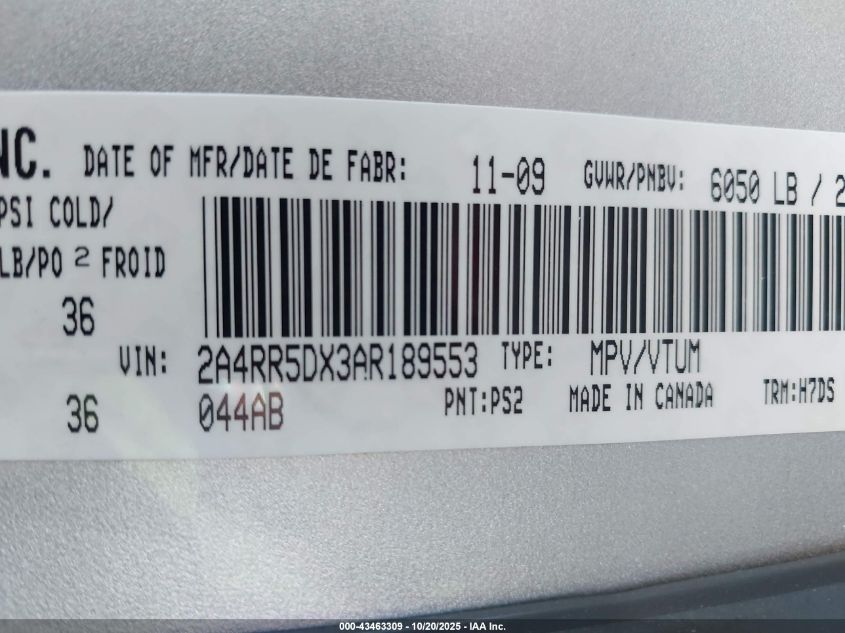 2010 Chrysler Town & Country Touring VIN: 2A4RR5DX3AR189553 Lot: 43463309