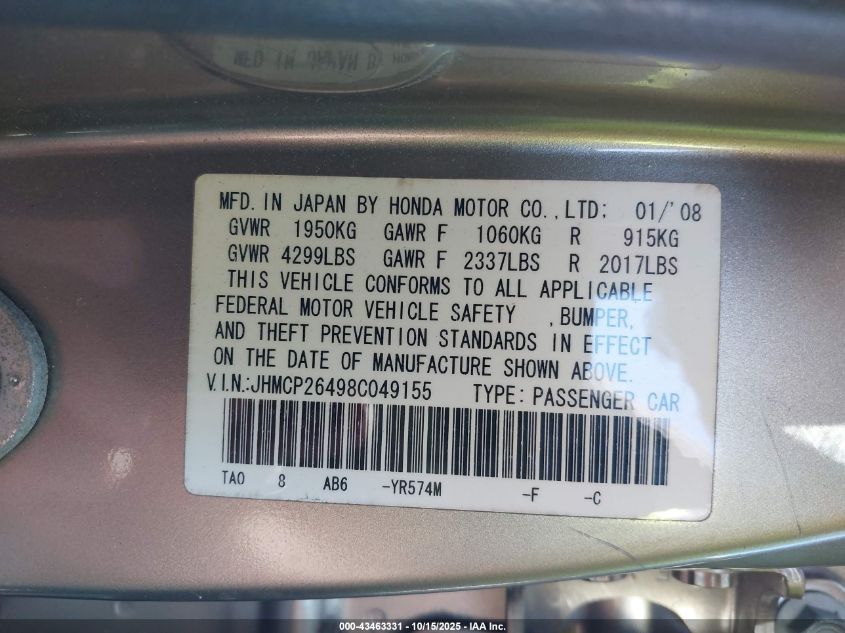 2008 Honda Accord 2.4 Lx-P VIN: JHMCP26498C049155 Lot: 43463331