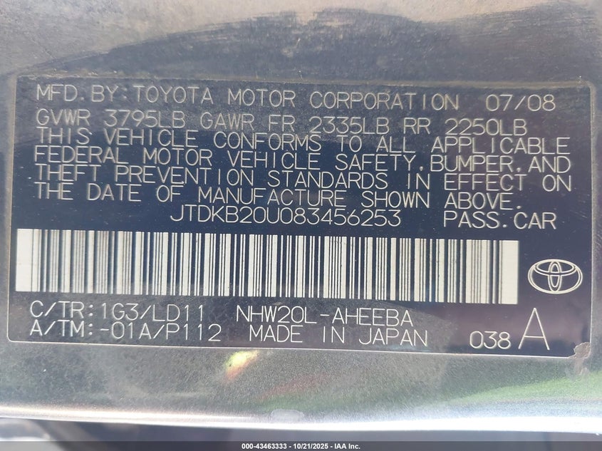 JTDKB20U083456253 2008 TOYOTA PRIUS photo no. 9