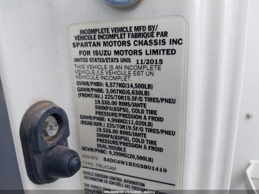 2016 Isuzu Npr Hd Gas Reg VIN: 54DC4W1BXGS801419 Lot: 43463359