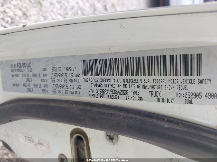 2019 Ram 3500 Longhorn 4X4 8' Box VIN: 3C63RRKL9KG542928 Lot: 43463386