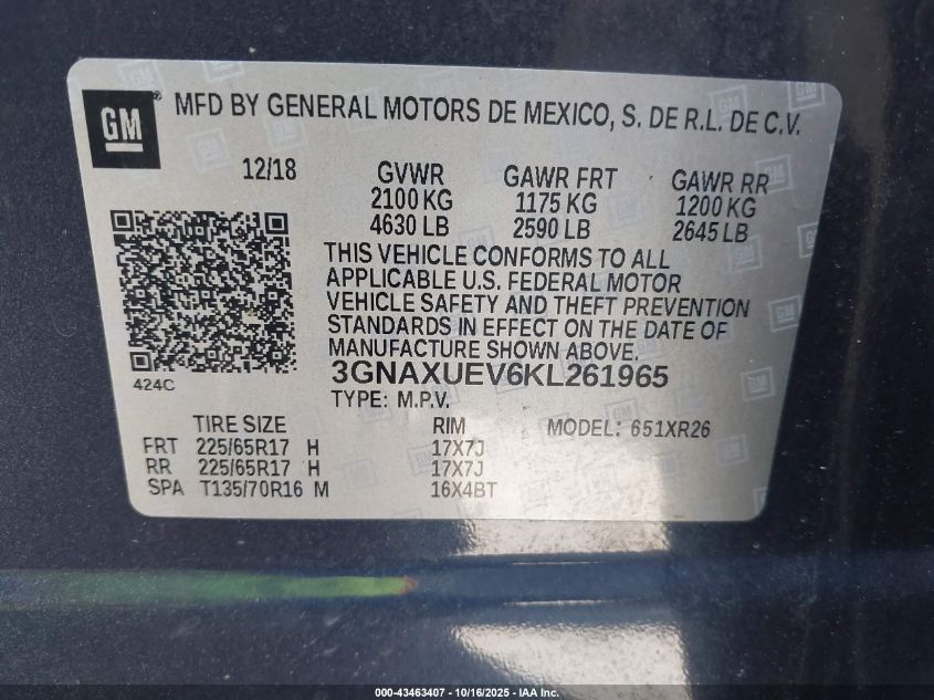 2019 Chevrolet Equinox Lt VIN: 3GNAXUEV6KL261965 Lot: 43463407