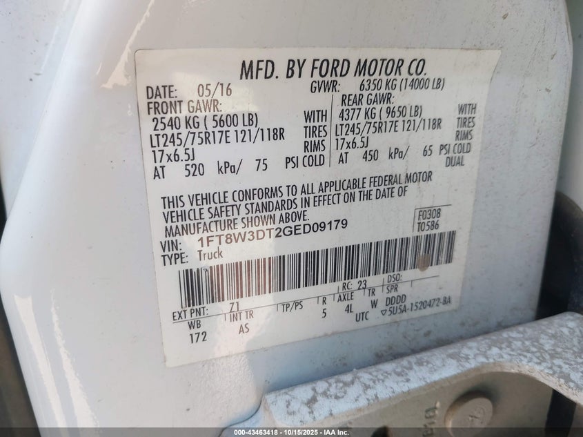 2016 Ford F-350 Xl VIN: 1FT8W3DT2GED09179 Lot: 43463418