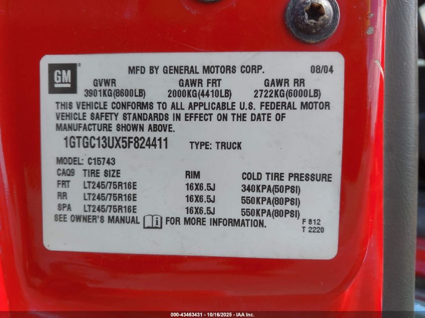 2005 GMC Sierra 1500Hd Sle VIN: 1GTGC13UX5F824411 Lot: 43463431