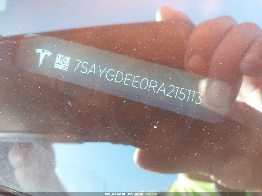 2024 Tesla Model Y Long Range Dual Motor All-Wheel Drive VIN: 7SAYGDEE0RA215113 Lot: 43463449