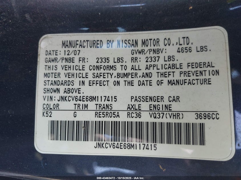 JNKCV64E68M117415 2008 INFINITI G photo no. 9