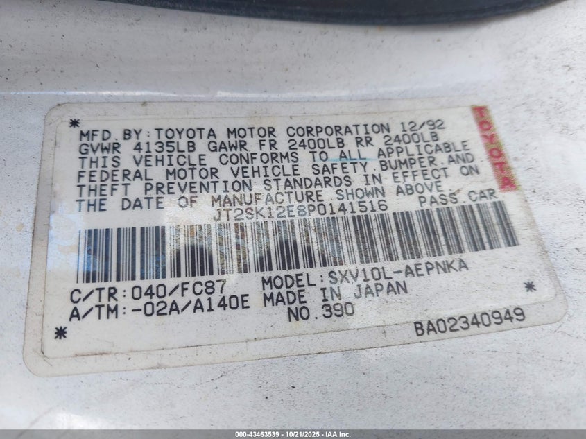 1993 Toyota Camry Le VIN: JT2SK12E8P0141516 Lot: 43463539