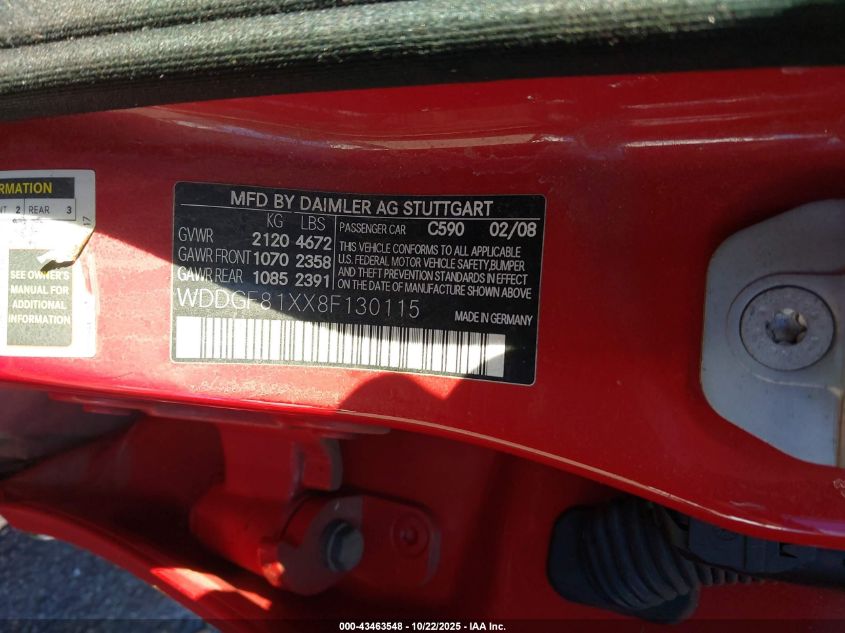2008 Mercedes-Benz C 300 VIN: WDDGF81XX8F130115 Lot: 43463548