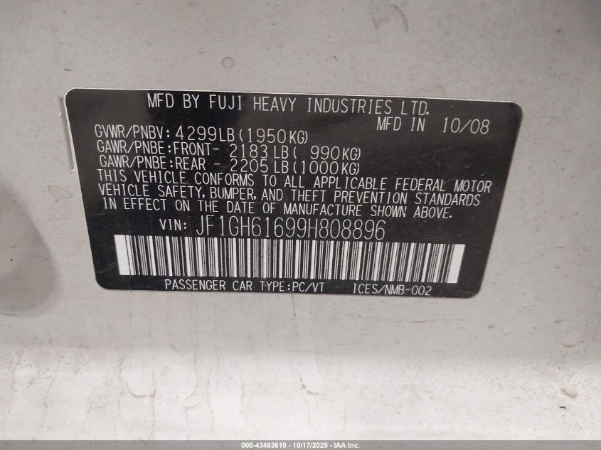 2009 Subaru Impreza 2.5I VIN: JF1GH61699H808896 Lot: 43463610