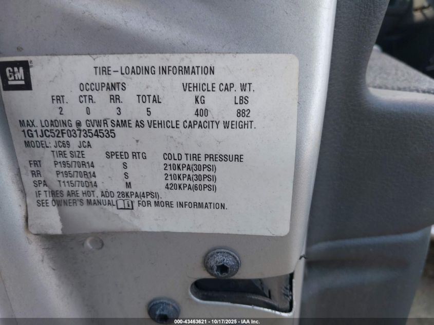 2003 Chevrolet Cavalier VIN: 1G1JC52F037354535 Lot: 43463621