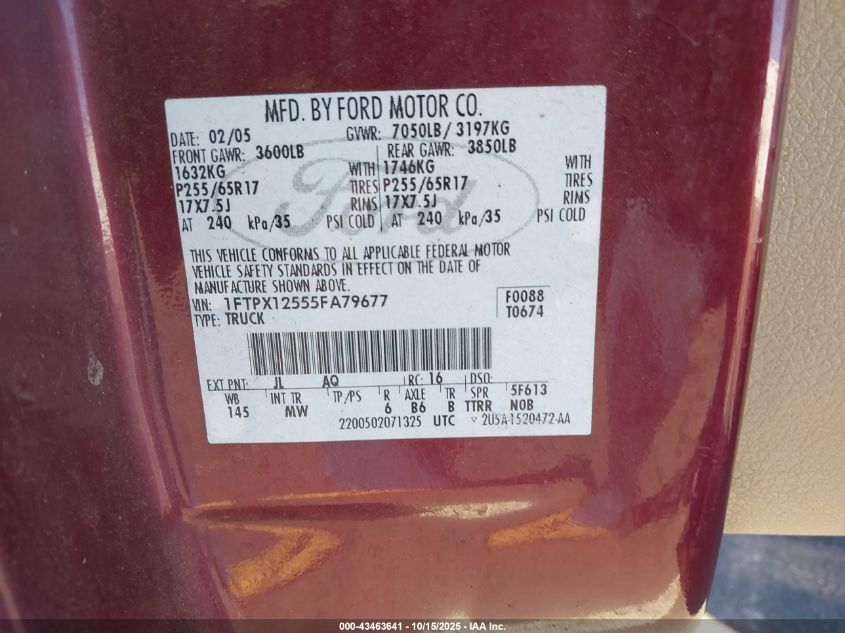 2005 Ford F-150 Lariat/Xl/Xlt VIN: 1FTPX12555FA79677 Lot: 43463641