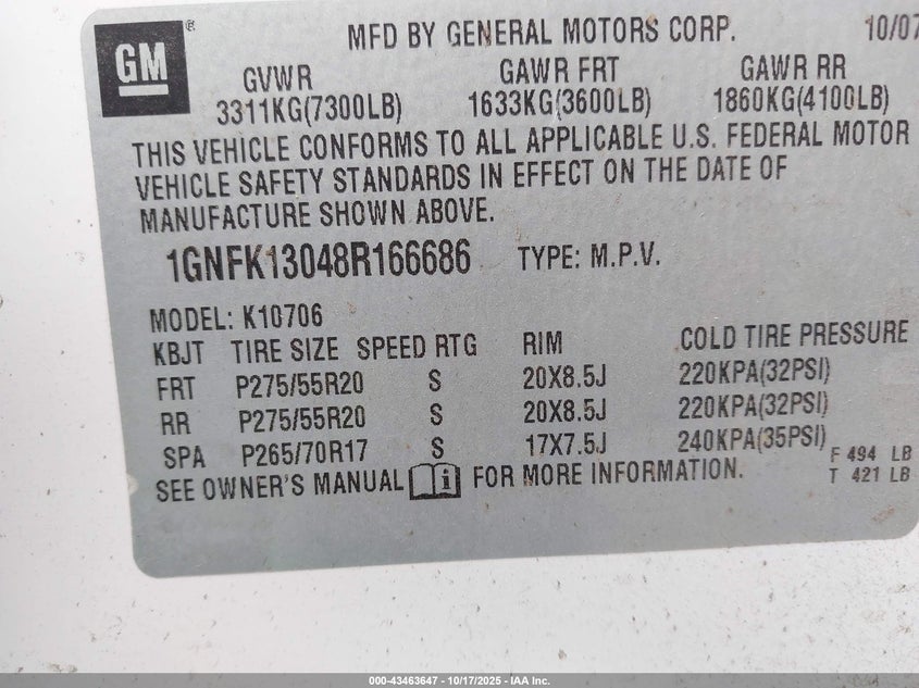 1GNFK13048R166686 2008 CHEVROLET TAHOE photo no. 9