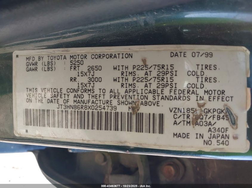 1999 Toyota 4Runner Sr5 V6 VIN: JT3HN86R8X0254739 Lot: 43463677