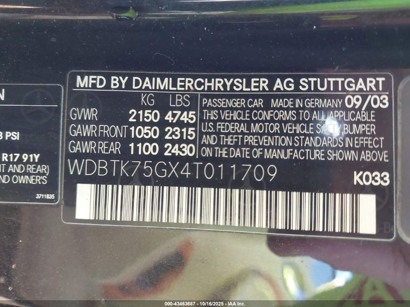 2004 Mercedes-Benz Clk 500 VIN: WDBTK75GX4T011709 Lot: 43463687