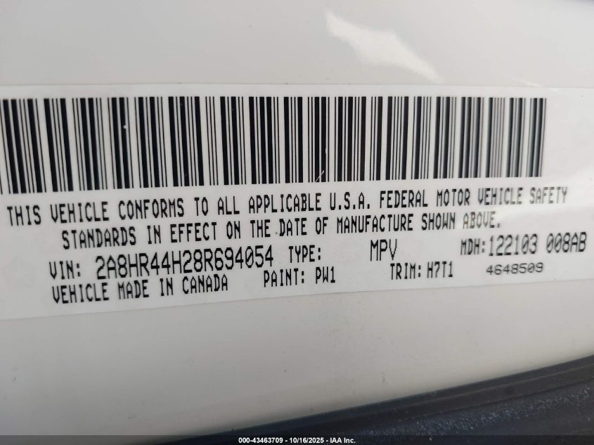 2008 Chrysler Town & Country Lx VIN: 2A8HR44H28R694054 Lot: 43463709