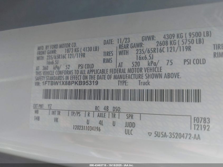 2023 Ford Transit-350 VIN: 1FTBW1X88PKB95319 Lot: 43463718