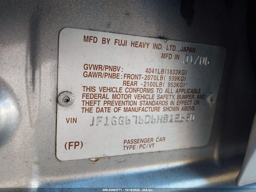 2006 Subaru Impreza 2.5I VIN: JF1GG67606H812650 Lot: 43463771