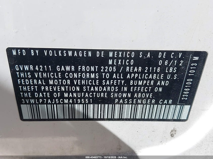 2012 Volkswagen Jetta 2.5L Sel VIN: 3VWLP7AJ5CM419551 Lot: 43463773