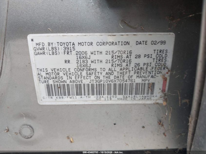 1999 Toyota Rav4 VIN: JT3GP10V6X7054761 Lot: 43463783